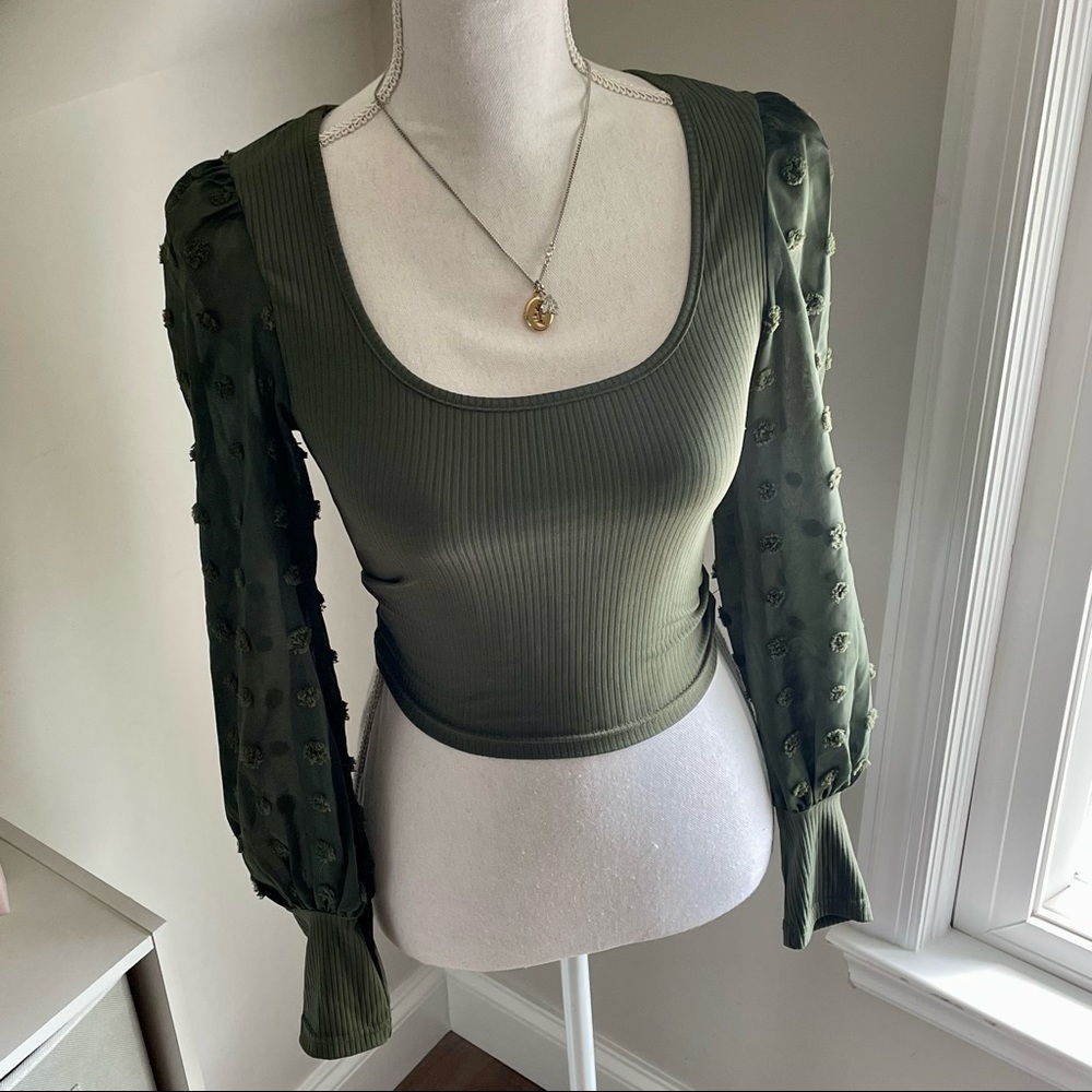 Sage Colored Ribbed Crop Top with Sheer Puffed Long Sleeves